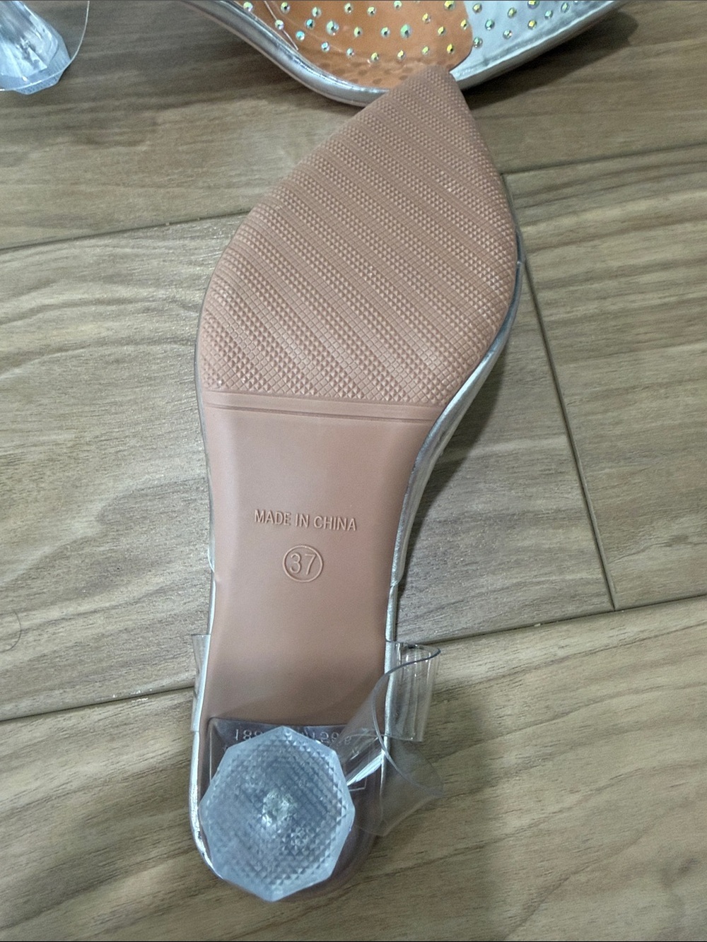 Clear Pointed Toe Slingback Heels with Iridescent Rhinestones - Picture 6 of 6